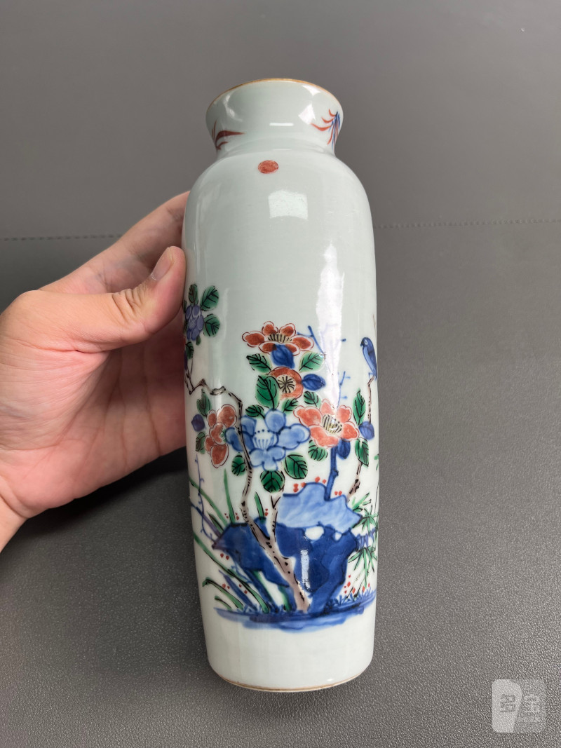 清顺治  青花五彩花鸟纹筒瓶 - 图5